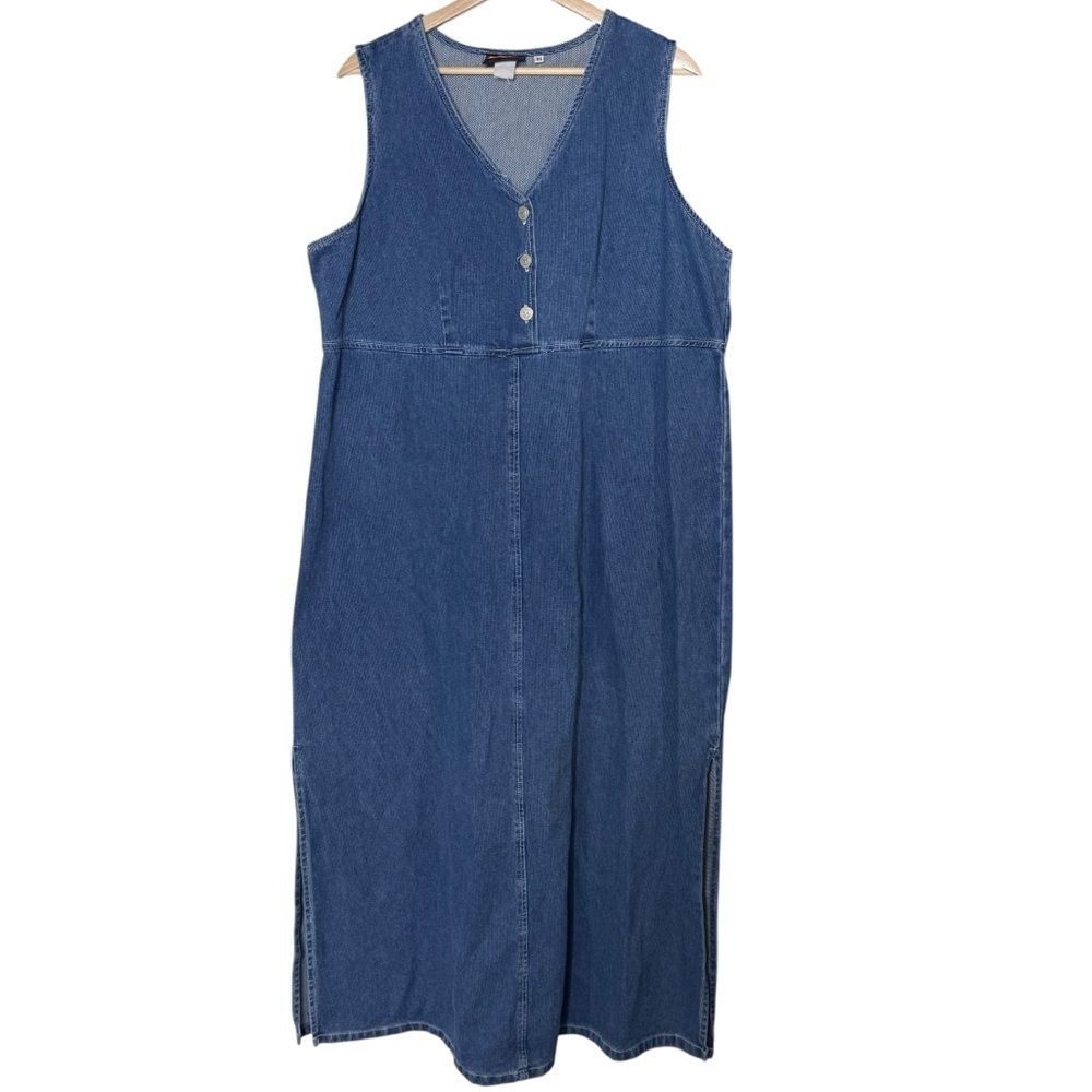 Vintage Ribbed Denim V Neck Midi Dress Size XL Side Slits Buttons Minimalist